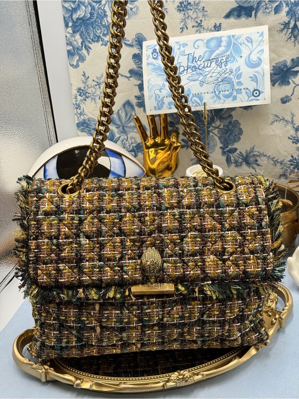 🆕 KURT GEIGER LONDON 🧿 NWOT Large Kensington X Tweed Shoulder Bag, Black Brown